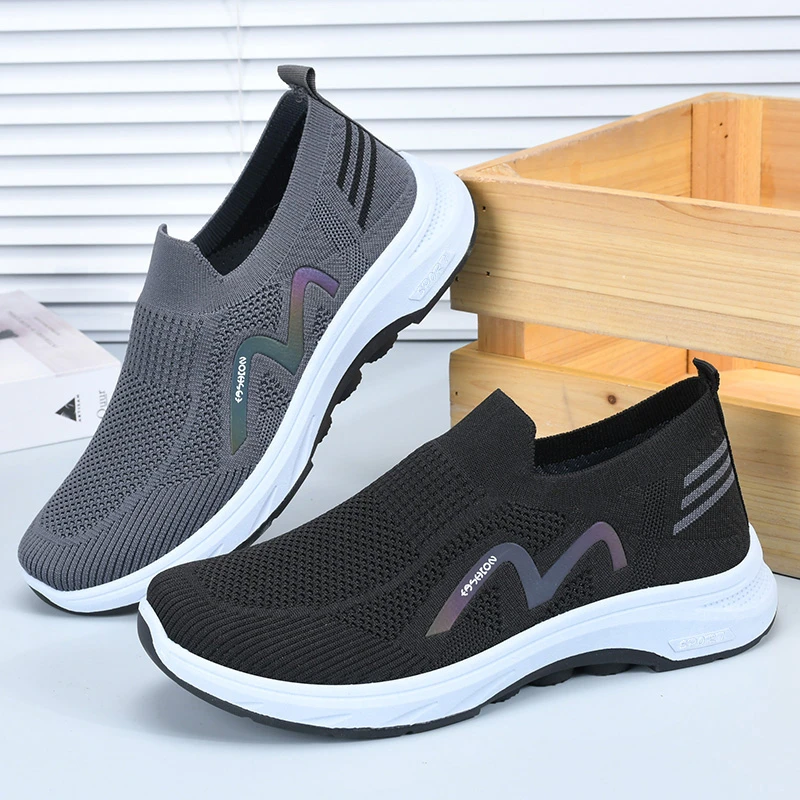 中老年男鞋夏季透气布鞋防滑软底老北京布鞋网面一脚蹬飞织爸爸鞋