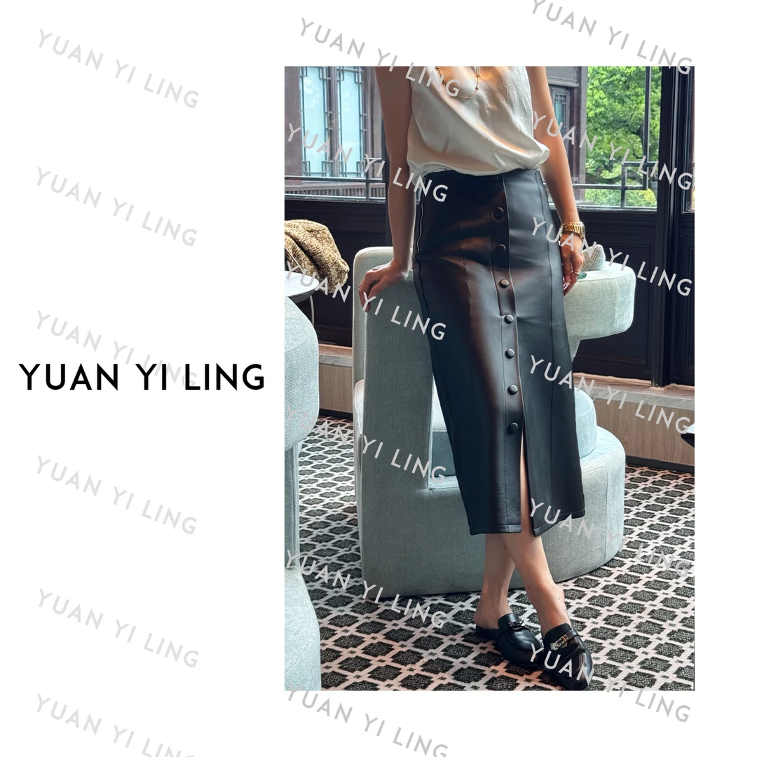 袁艺灵【ins经典】25秋季设计感排扣开衩羊皮半身裙(不可水洗)9024