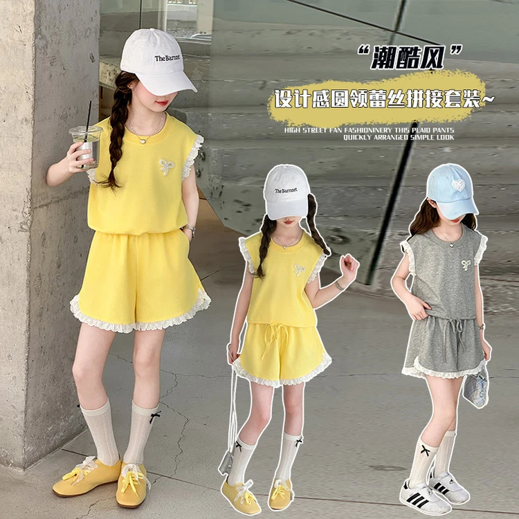 女童套装夏季时尚蕾丝女孩短袖儿童2025新款中大童5-12岁15岁洋气