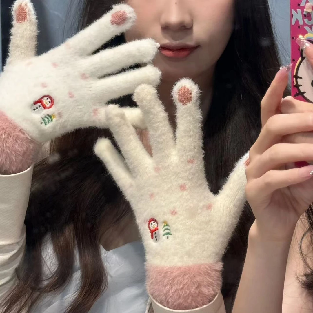 秋冬手套雪人可爱保暖时尚五指手套触屏加绒加厚针织手套批发防寒