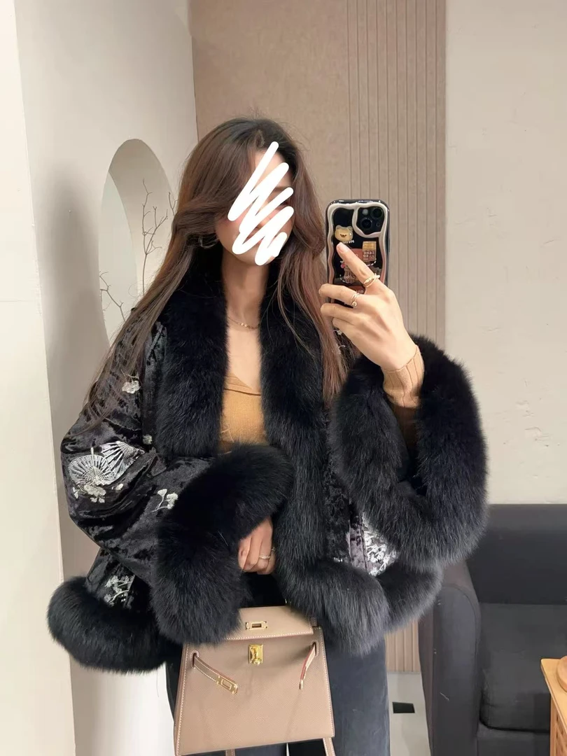 清妍秋冬微胖大码禅意蝴蝶刺绣夹棉外套2993