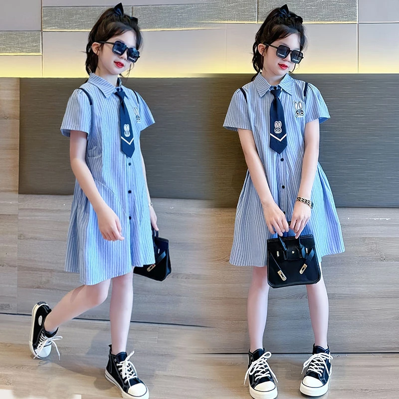 儿童连衣裙夏装2025夏季学院风设计卡通洋气百搭条纹宝宝衬衫裙子