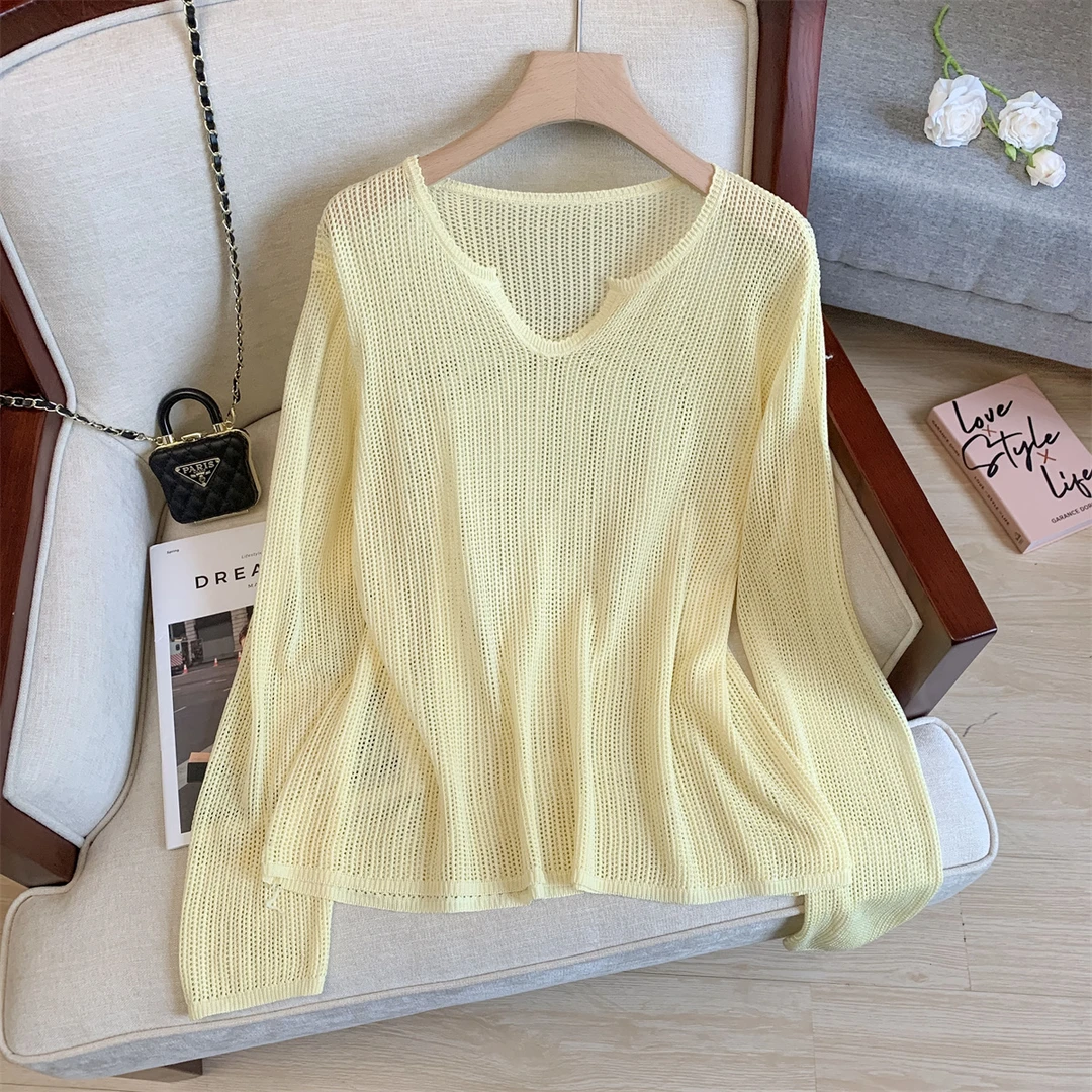 2025新款实价黄色领镂空长袖针织衫女夏季薄款外搭冰丝防洋气时尚