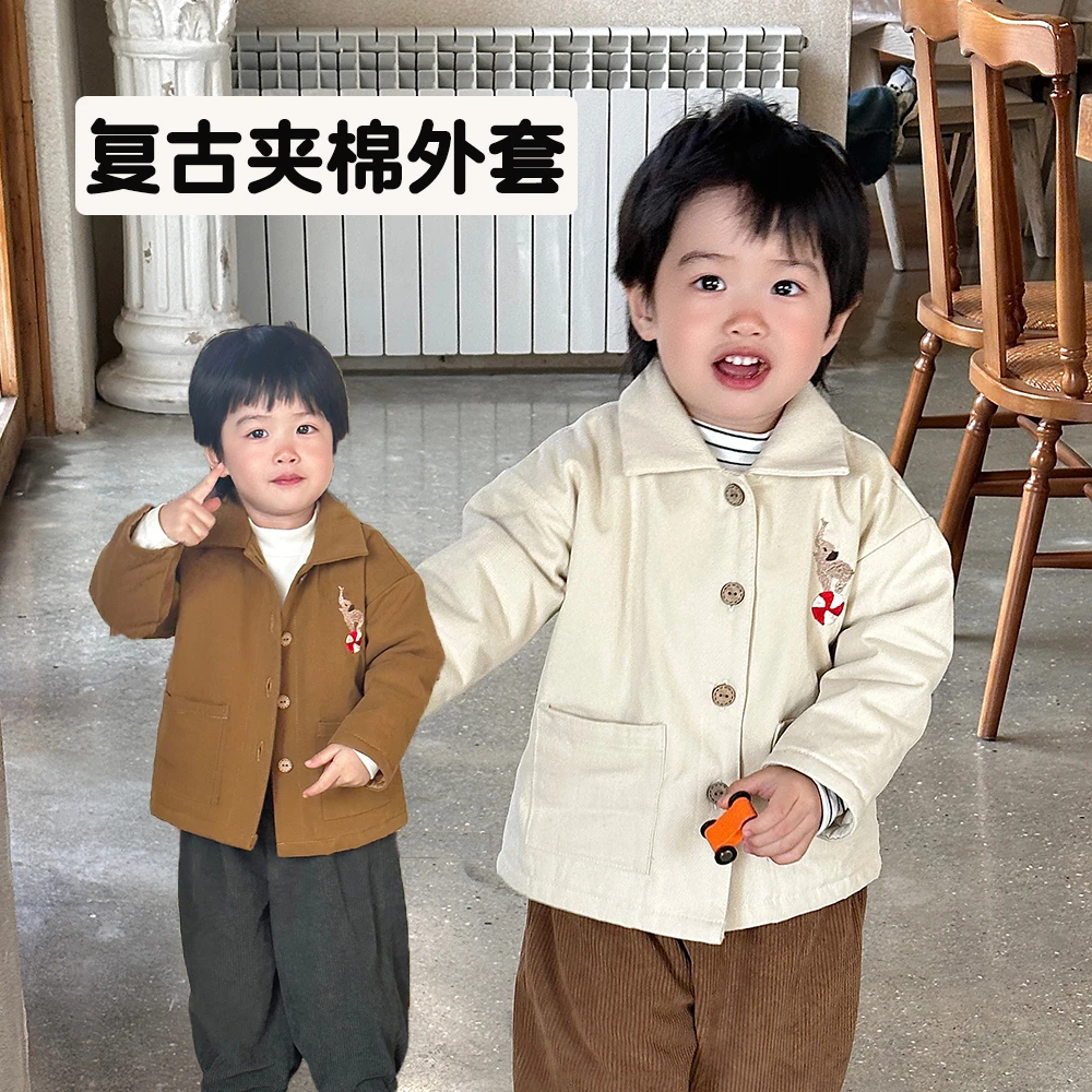 秋冬款夹棉外套北欧风刺绣夹克翻领外套儿童男女宝上衣外出棉服