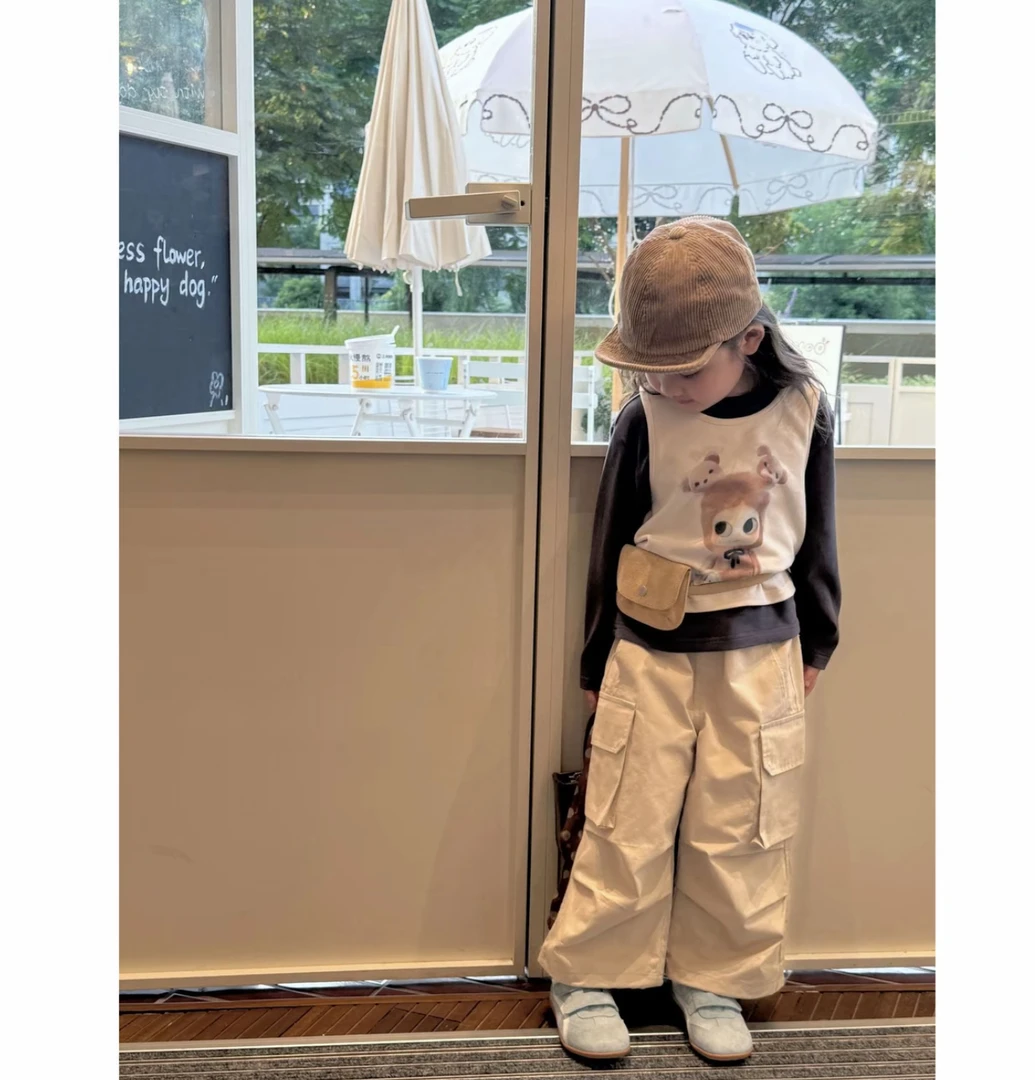 女童套装2025秋季新款儿童韩版卡通印花背心打底衫女宝工装裤套装