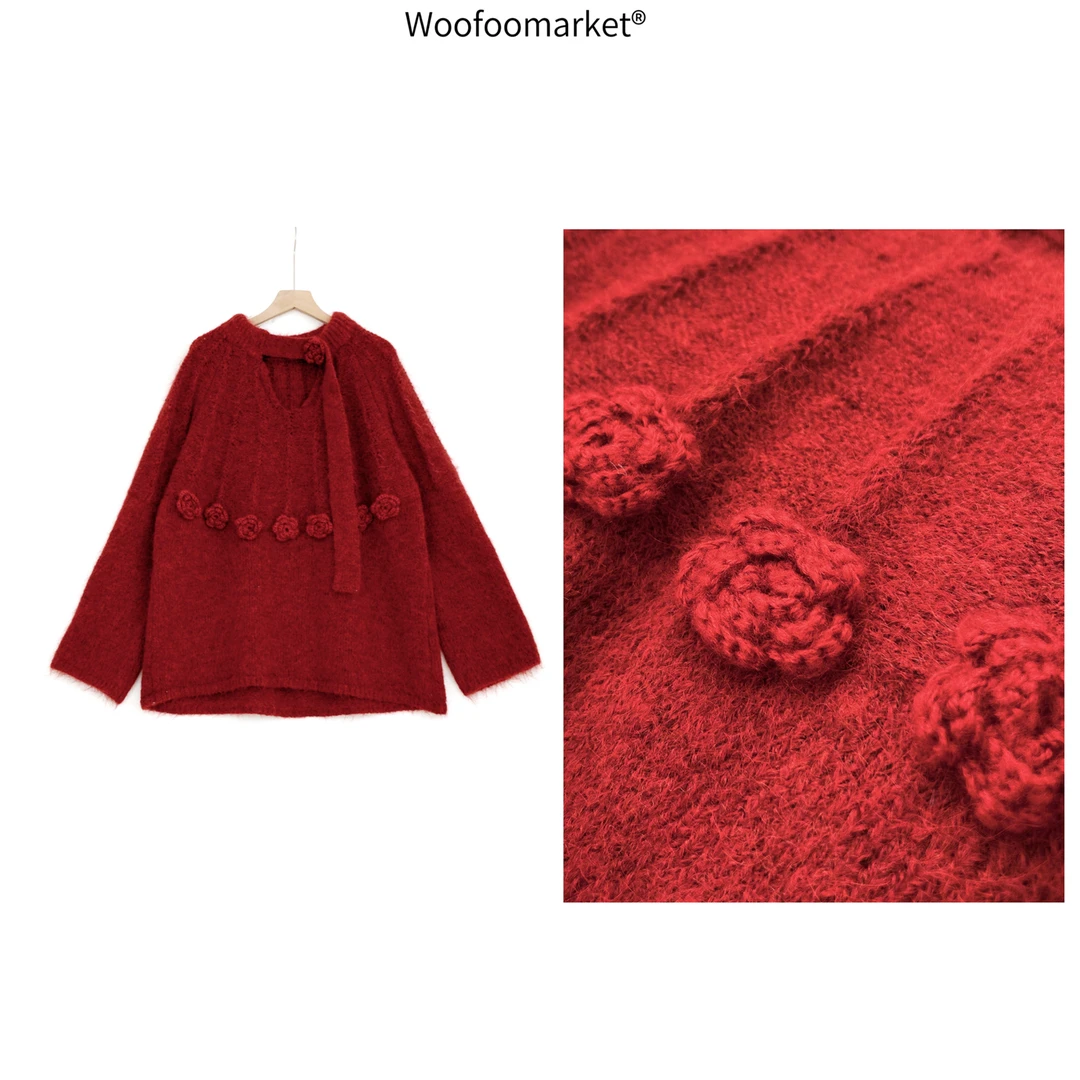 【海街日集】手工红色花朵飘带宽松毛衣女秋冬慵懒风 MY450