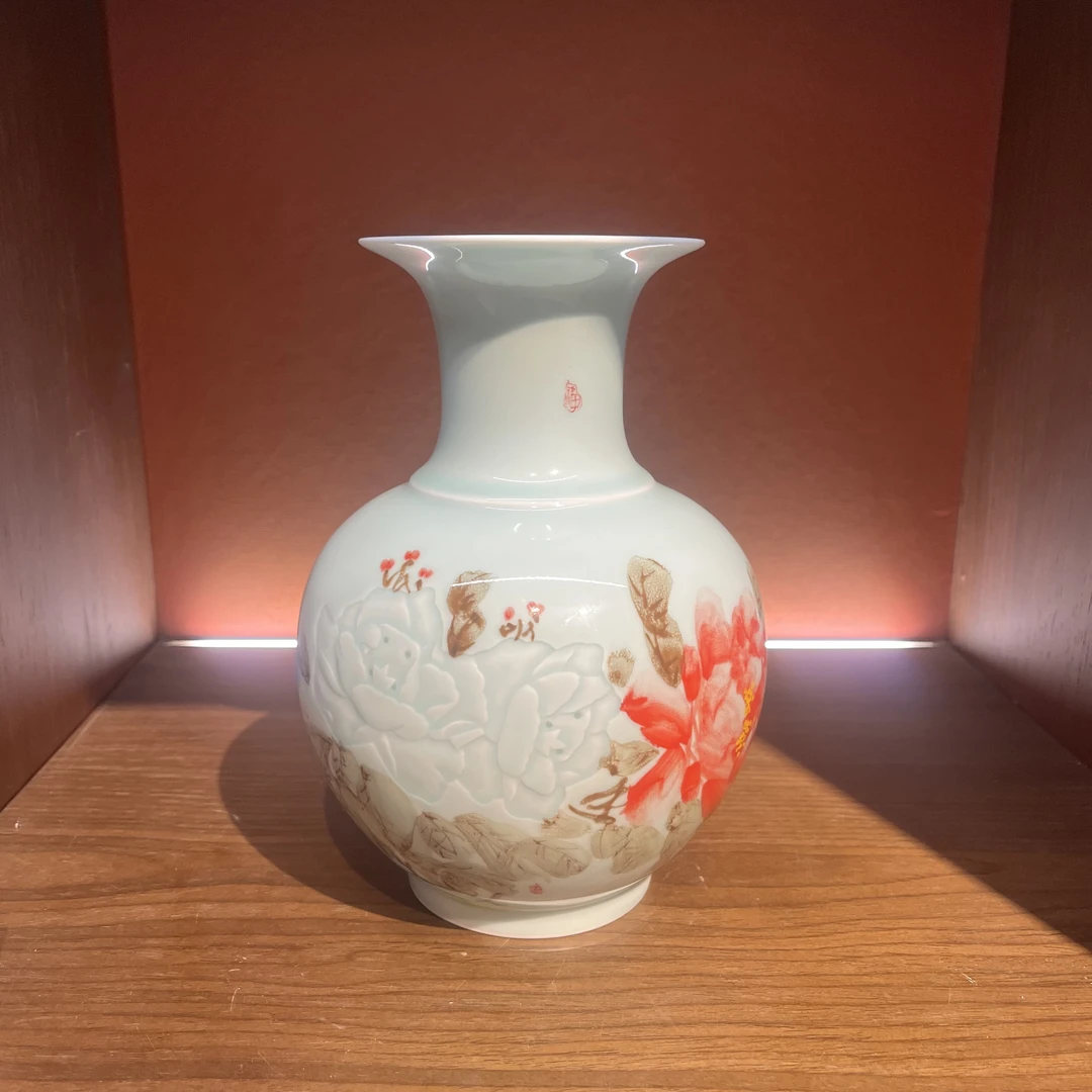 景德镇陶瓷玲珑瓷牡丹花苹果尊（影青）