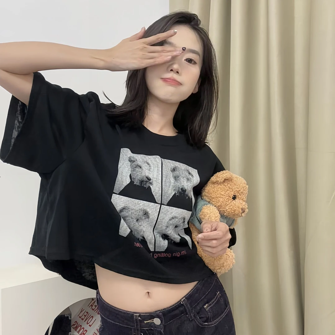 DIDI【四方格】夏季新款宽松百搭圆领动物图案设计感短款半袖上衣