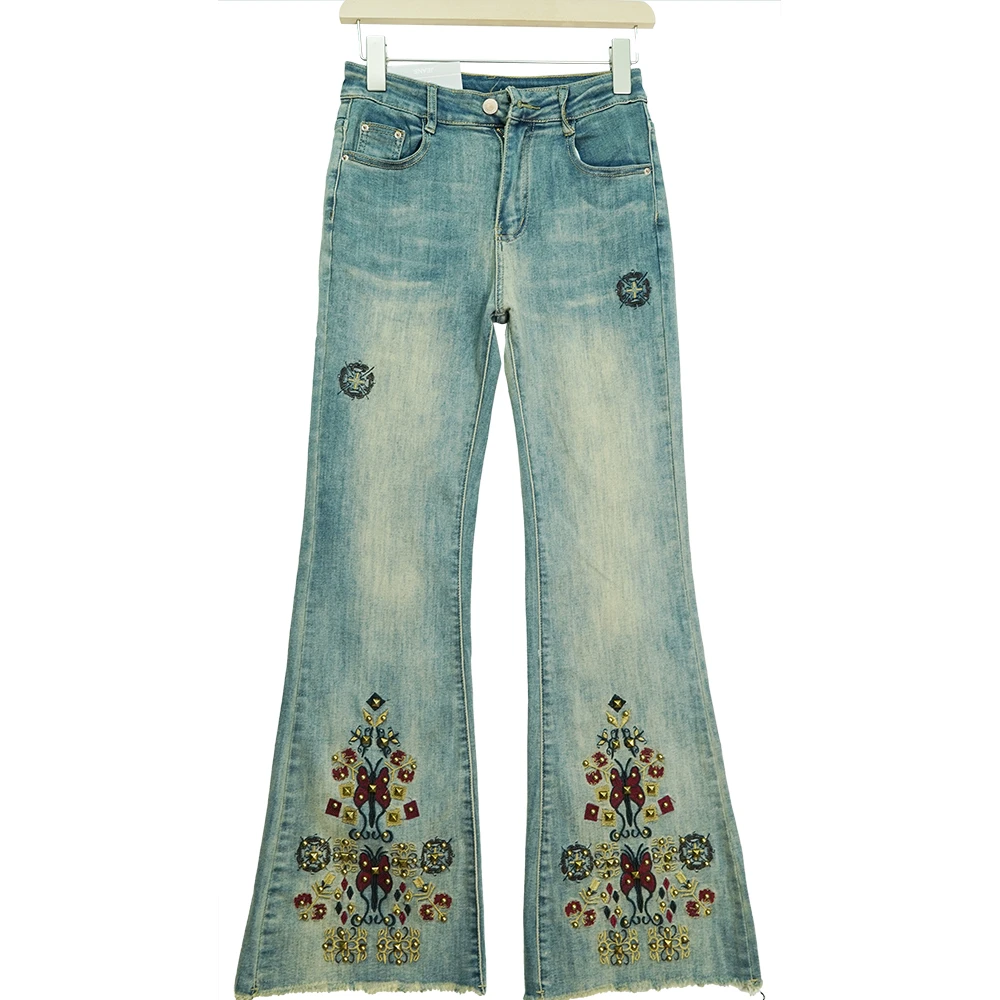 X2122【上新】民族风绣花高腰显瘦微喇叭洋气毛边牛仔裤