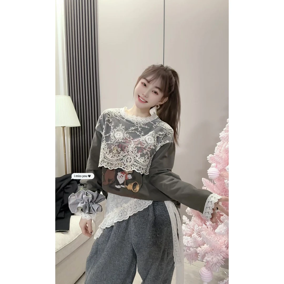 韩国INS时尚印花拼接海军领蕾丝打底衫