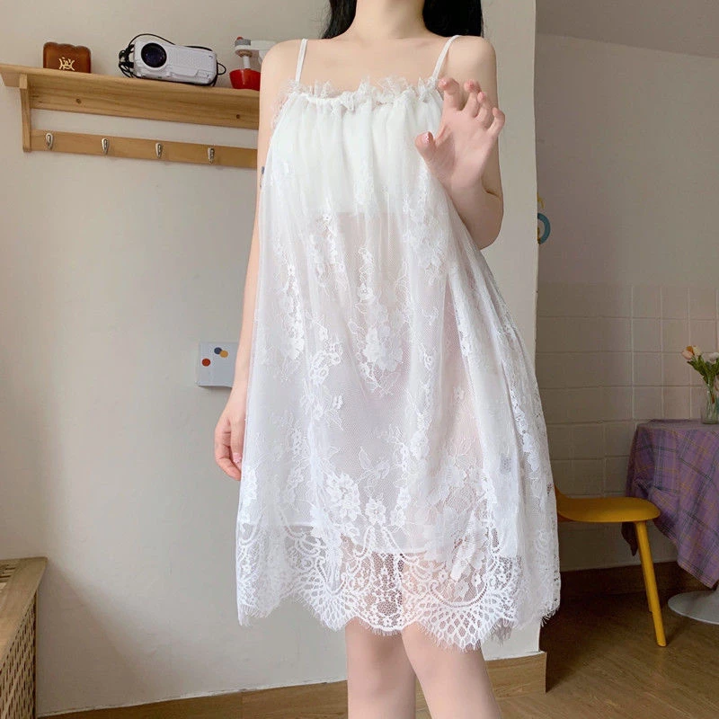 夏季很仙的吊带睡裙女性感公主风宫廷甜美薄款蕾丝无袖睡衣女大码