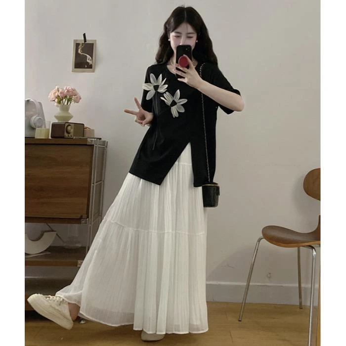 大码胖mm洋气宽松显瘦侧面开叉T恤搭配百褶半身裙夏季时尚套装女