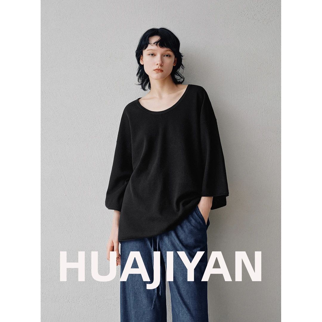 华吉言/HUAJIYAN【夜游】定制面料自然卷边U领中袖T恤