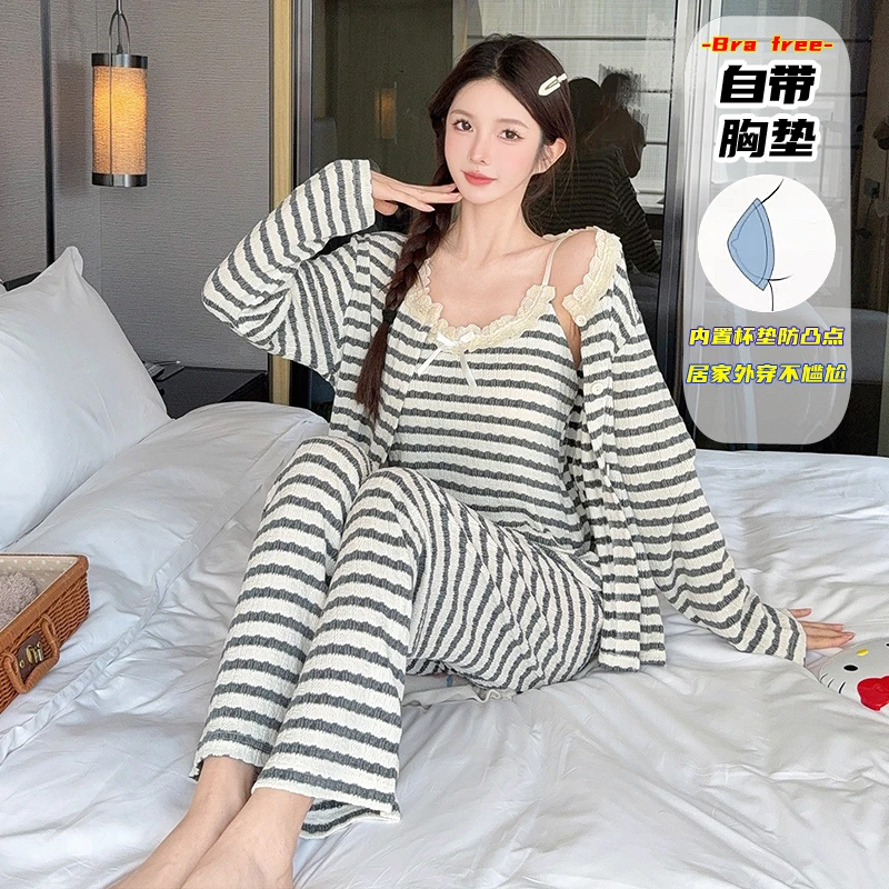 春季新款条纹蕾丝睡衣吊带长袖三件套带杯垫可外穿柔软透气女套装