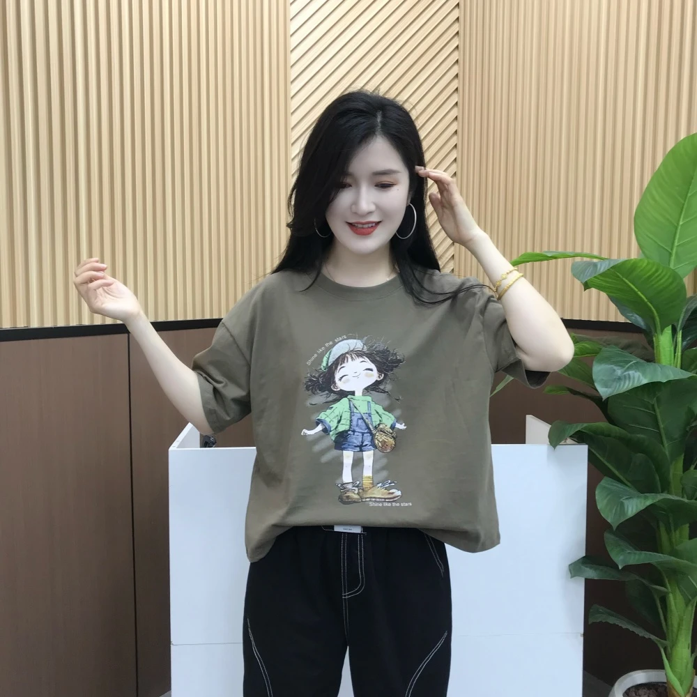 2025春季圆领时尚百搭青少女休闲宽松字母印花高腰双纱面料短袖