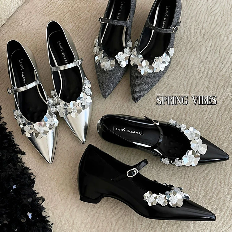 34-40码/跟高4cm/黑灰银/浅口单鞋秋时尚内增高一字扣纯色