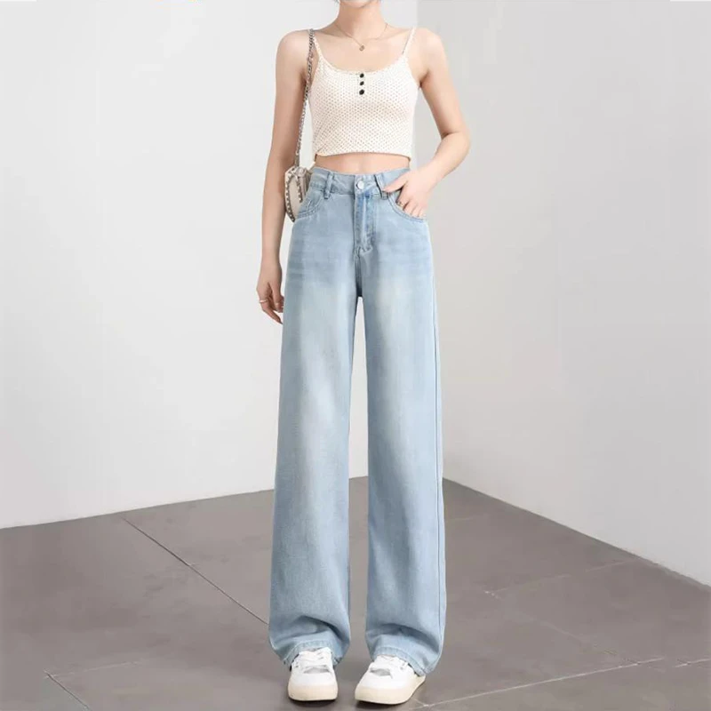 夏季垂感牛仔裤薄款2025大码女装胖mm高腰遮胯显瘦浅蓝色宽松裤子