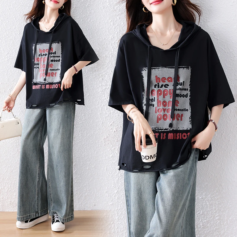 连帽破洞短袖t恤女2025夏季微胖大码休闲字母印花宽松遮肉上衣