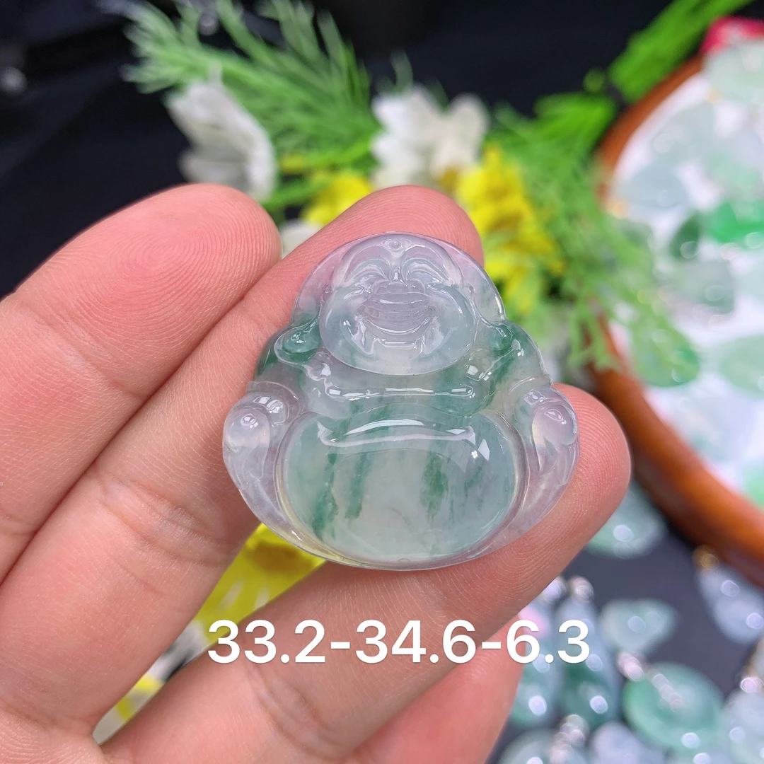 缅甸天然翡翠冰种飘花佛公挂件林精美雕刻百搭气质精雕种老水足