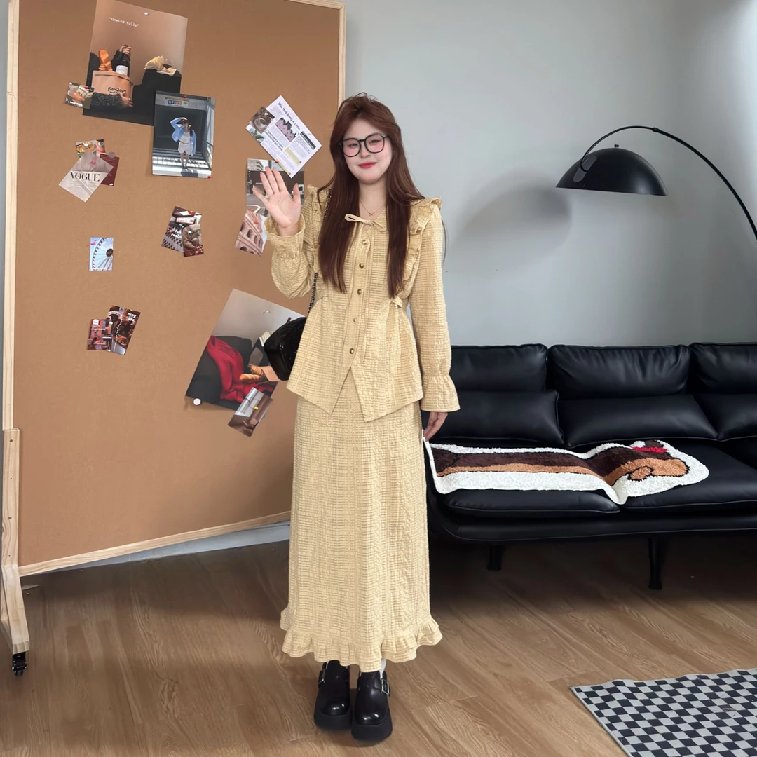 敏敏&南岛风大码女装翻领设计感衬衫春季胖mm显瘦半裙套装ZYY1526