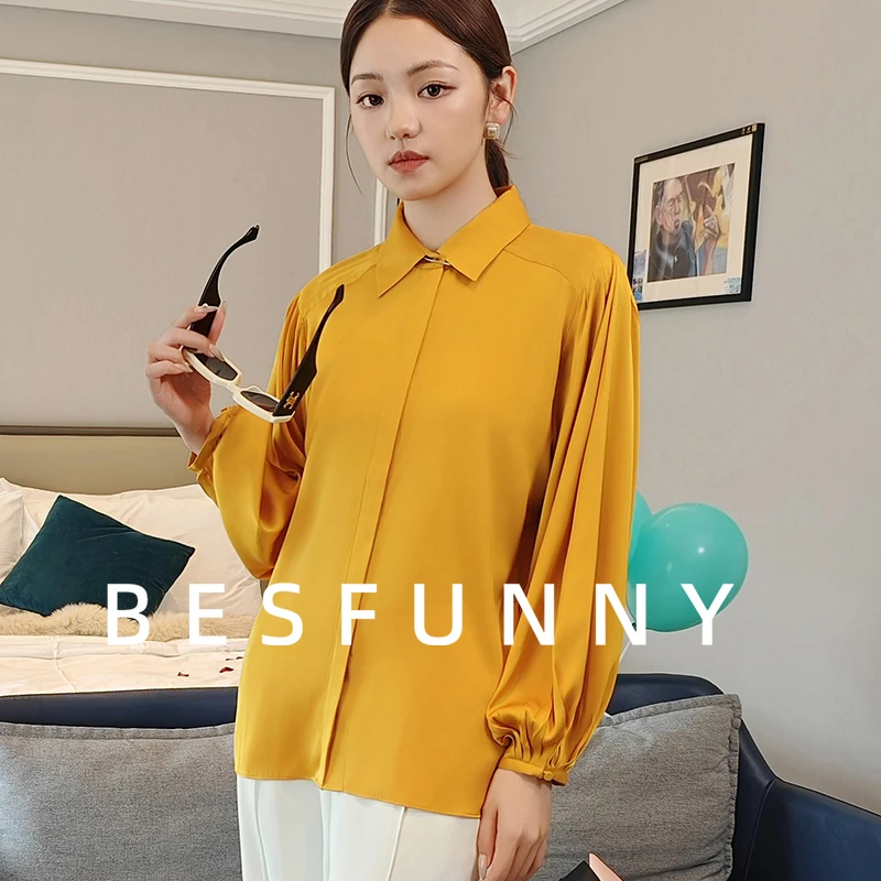 Besfunny黄色桑蚕丝衬衫真丝衬衣长袖2025春夏新款时髦宽松通勤女