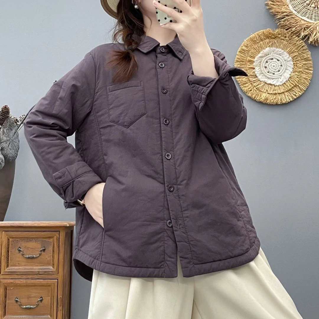 【纯棉夹棉 口袋款】冬季新款休闲百搭宽松显瘦尖领保暖外穿衬衫