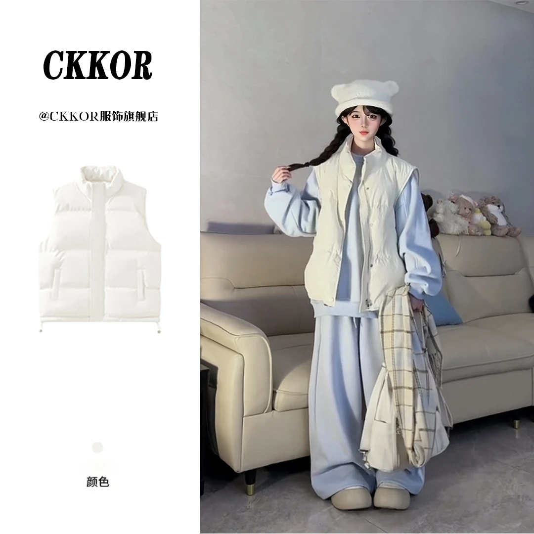 CKKOR秋冬新款韩版时尚无袖立领马甲女百搭宽松防寒保暖棉服外套