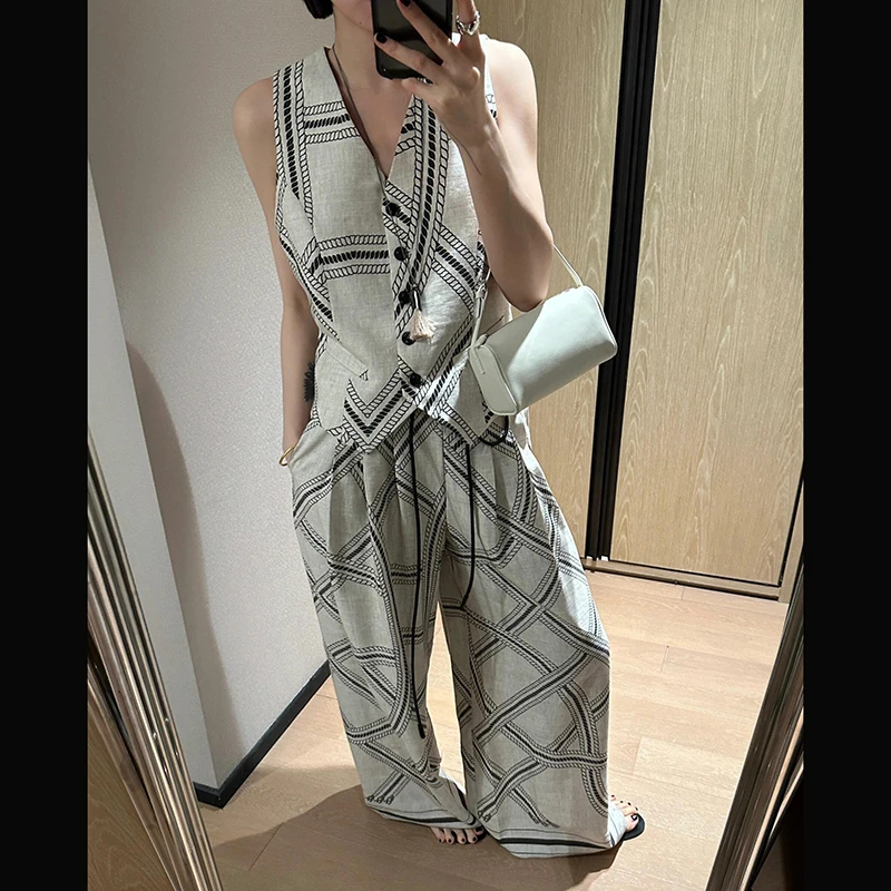 100%亚麻马甲背心阔腿裤套装女夏季薄款老钱风轻奢高级感网红炸街