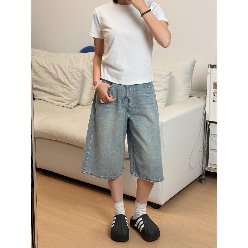 【soso】小个子宽松阔腿牛仔裤女七分夏季显瘦复古中裤