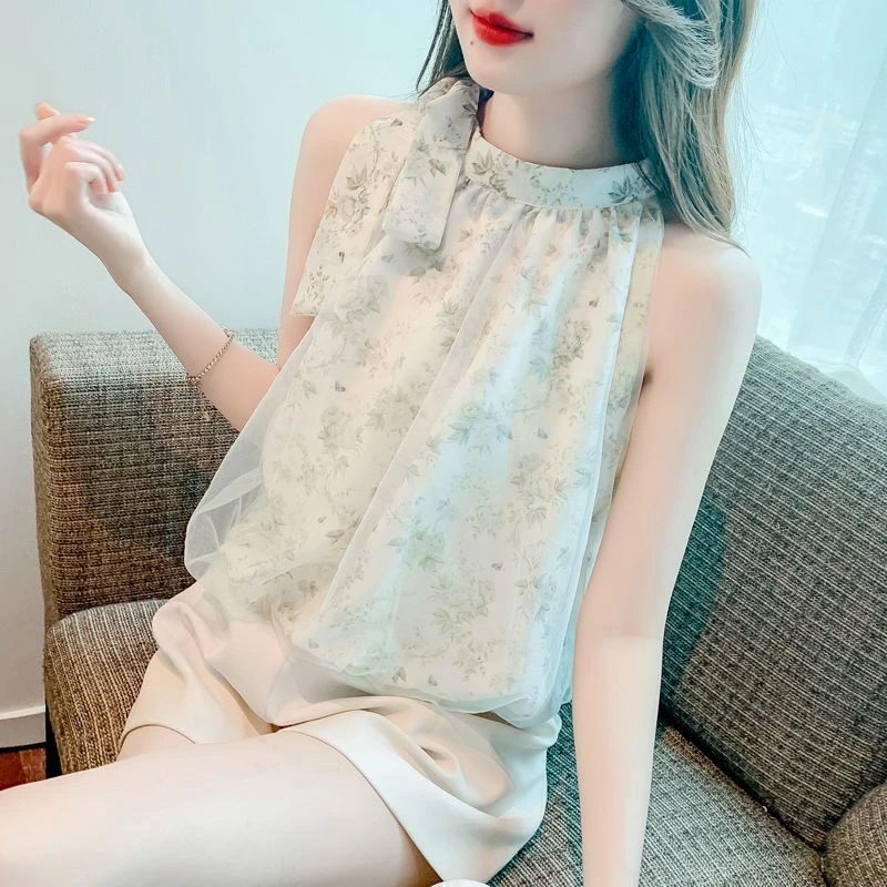 新款法式碎花无袖背心雪纺衫女夏季2025新款韩版小众气质露肩挂脖