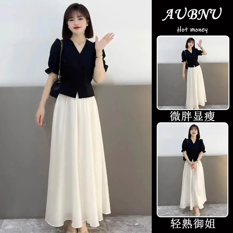 2025夏季爆款两件套赫本风通勤法式小众黑色泡泡短袖上衣裙裤套装