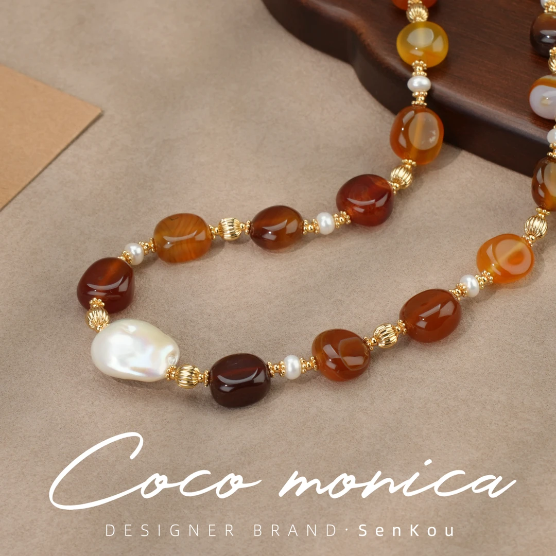 【小霞珠宝】玛瑙项链珍珠气质时尚古风小众彩色挂脖设计师 AS95