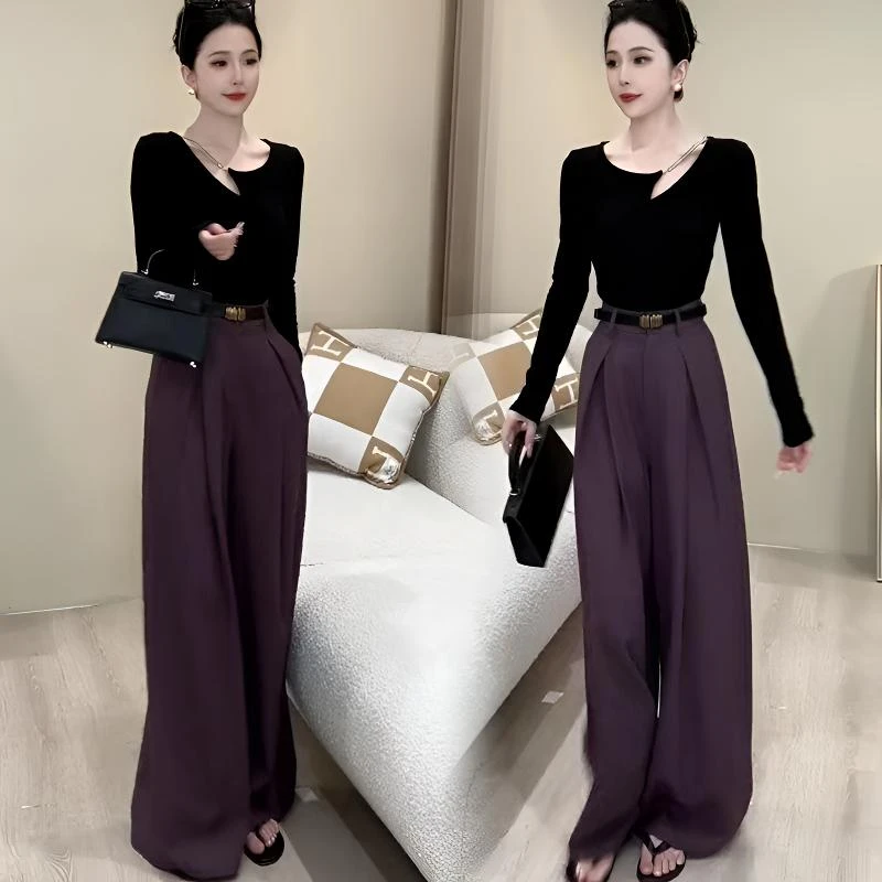 时尚套装女秋季新款洋气长袖T恤上衣设计感高腰西装阔腿裤两件套
