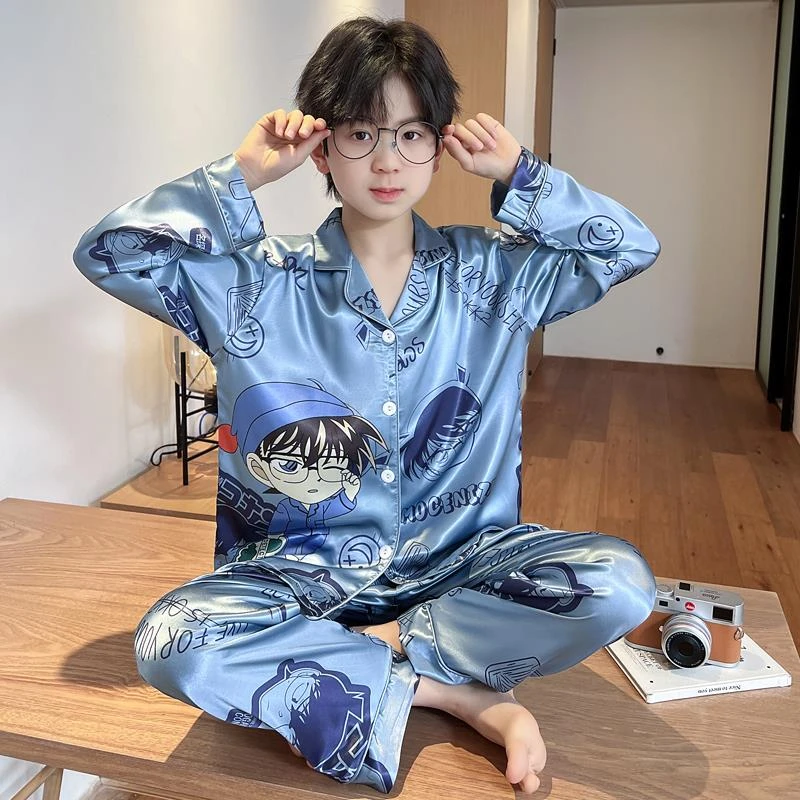 范哲萨男童冰丝睡衣春秋季长袖薄款儿童家居服夏季中大童开衫凉感