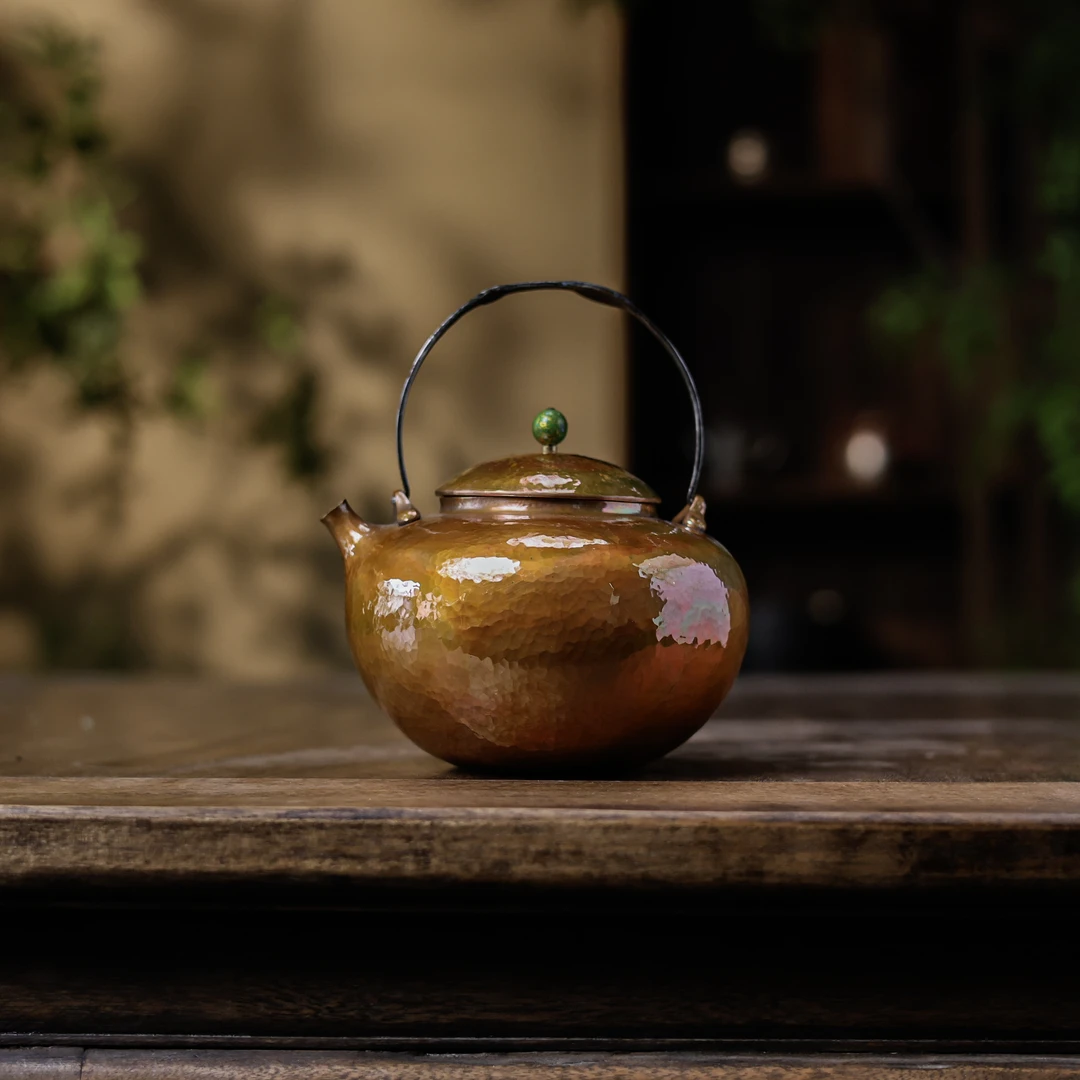 【小田甄陶】五福底款-紫铜色苹果壶-870ml（五福铜器0015）