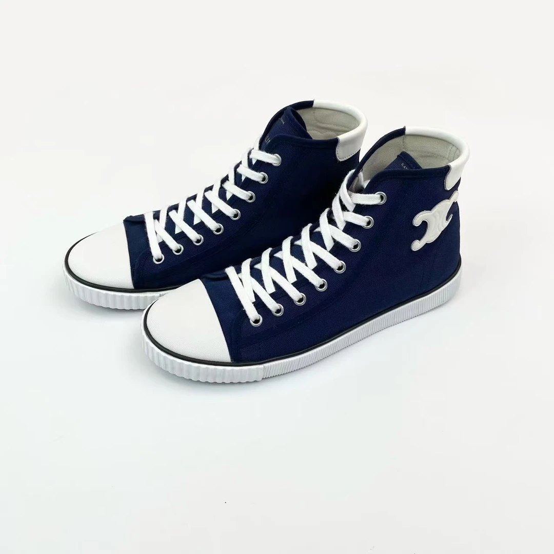 99新 Celine/思琳  qq698 海军蓝凯旋门logo高帮帆布鞋 37码