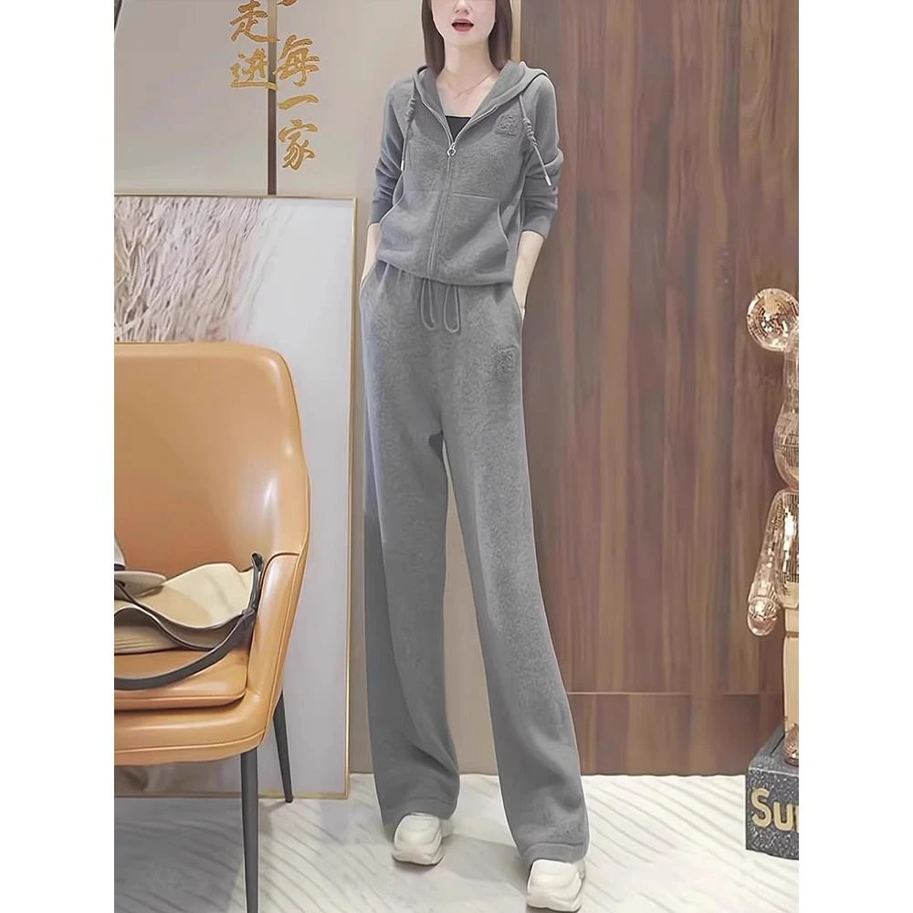 高级感休闲运动套装女春季时髦显瘦灰色连帽卫衣阔腿裤两件套