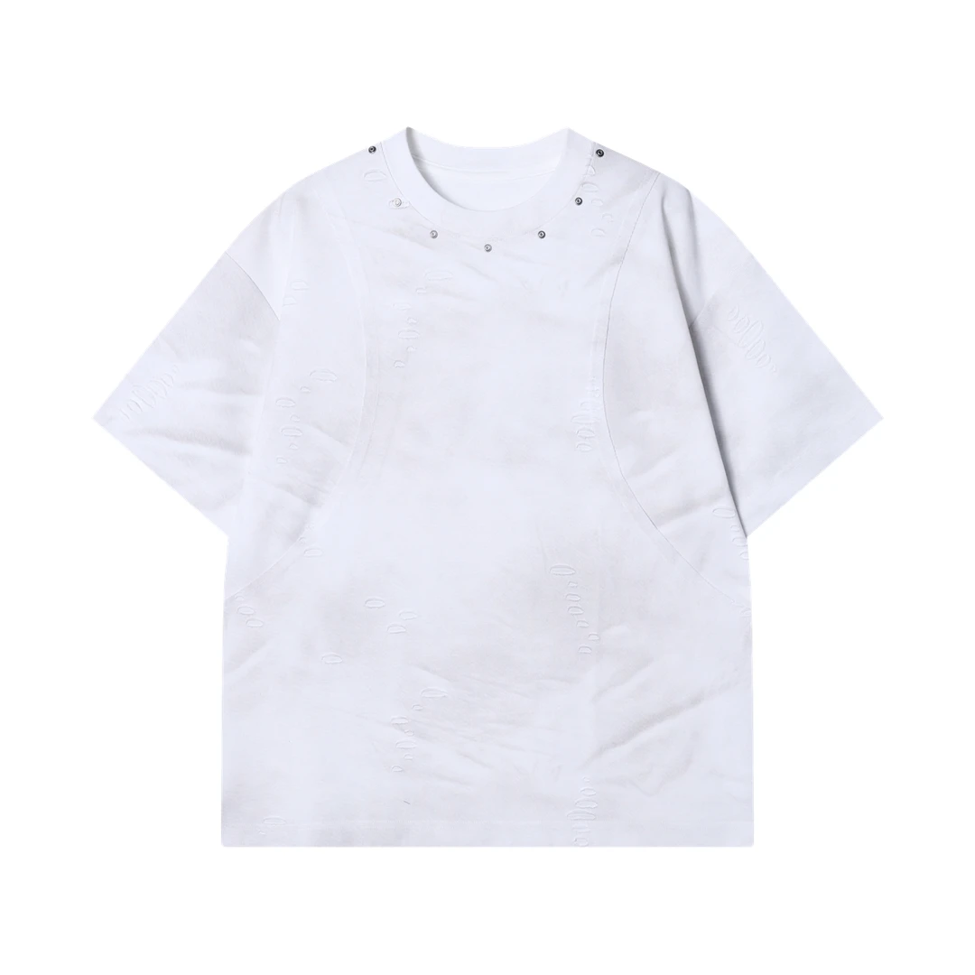 夏季高级感新款潮牌设计感铆钉解构破洞圆领短袖T恤宽松时尚上衣