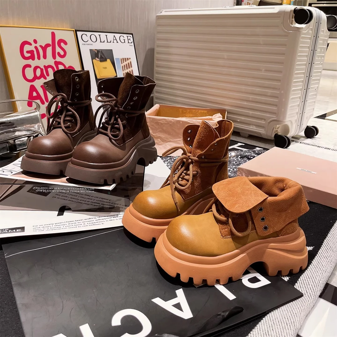 马丁靴女系带翻领两穿机车靴短靴工装靴小个子厚底大黄靴