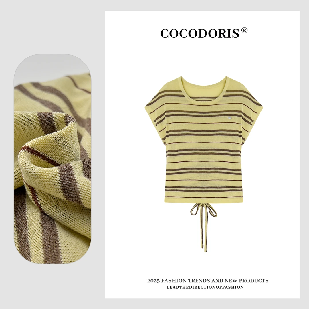 COCO DORIS 2025新款韩系系带条纹针织短袖夏季通勤百搭上衣7886