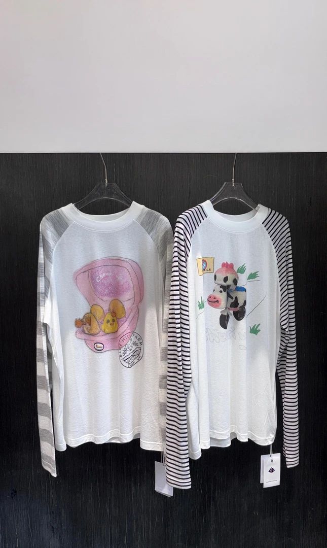 现货CHEER 25夏新品鸡蛋仔印花条纹插肩长袖T恤女