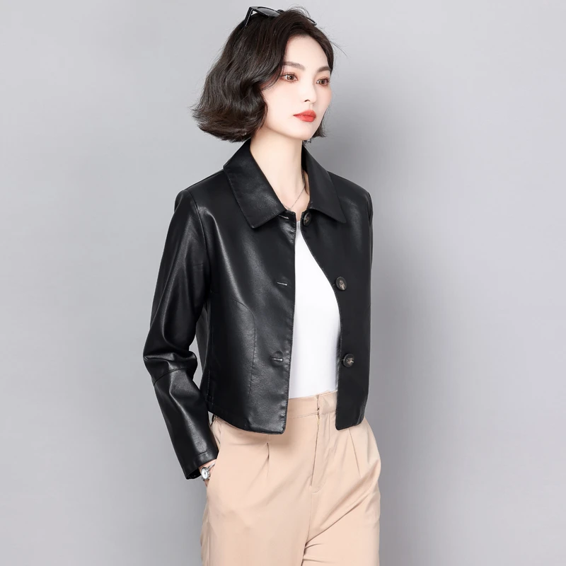 【海宁皮衣 专柜正品】新款机车短款夹克小个子时尚百搭皮外套