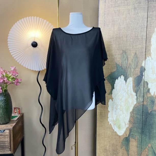 387圆领黑纱珍珠雪纺不规则外披均码百搭气质款