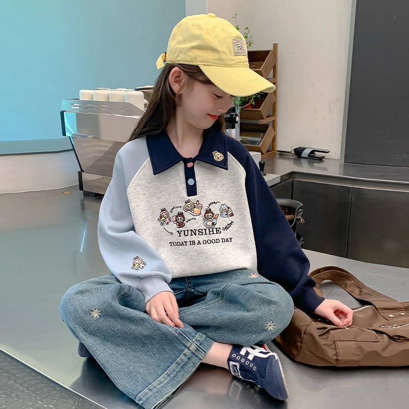 女童秋冬卫衣2025新款儿童装Polo领衣服女大童加绒款春秋洋气上衣