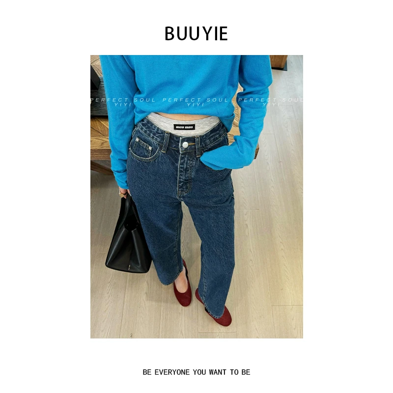 BUUYIE 25SS【北屿】新款高腰显瘦休闲百搭蓝色九分牛仔裤 250328