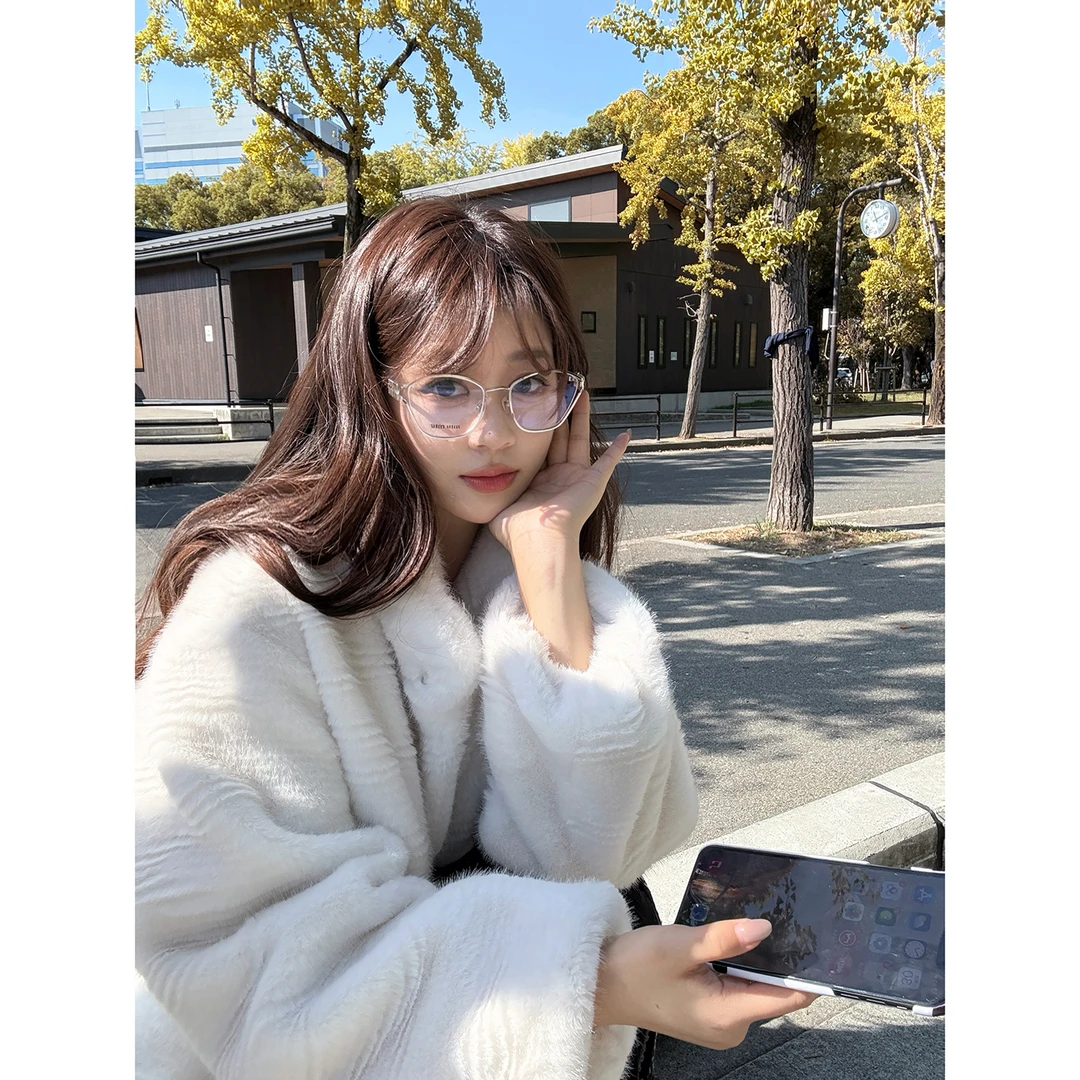 【AHY】静奢风水波纹环保皮草仿真毛毛风衣中长款保暖外套女新品