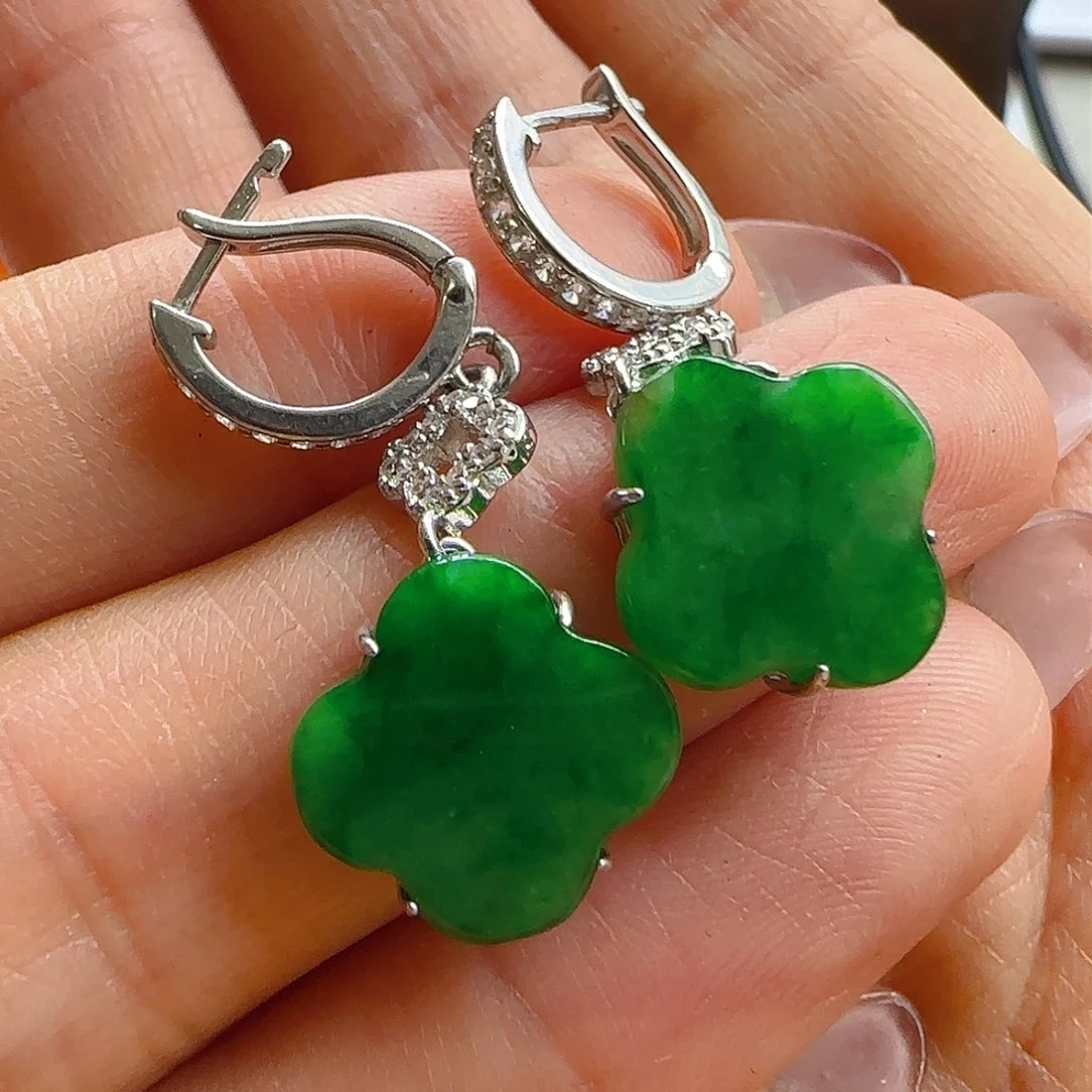 翡翠耳饰银S925镶嵌N*方翡翠240