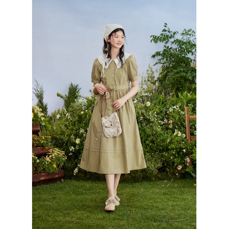 紫涵白色短袖连衣裙夏季新款森系翻领系带收腰中长裙Z4Z04ZS429