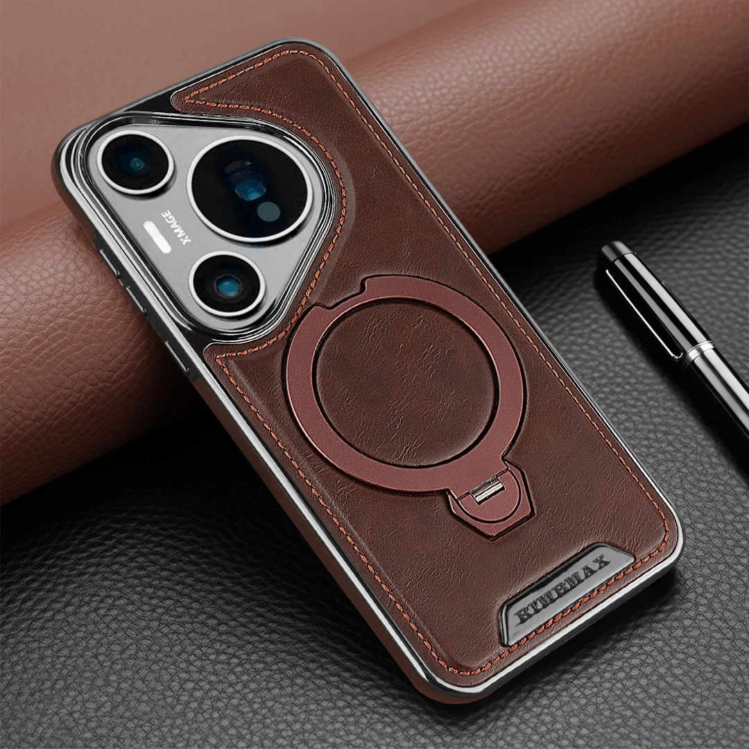 【旋转磁吸支架】适用于华为pura80Pro+高端商务皮纹手机壳