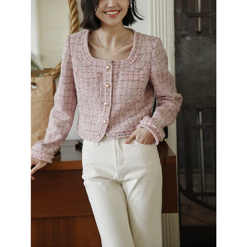 popchrio◆复古法式U领小香风短款外套高级感气质独特粉色上衣女